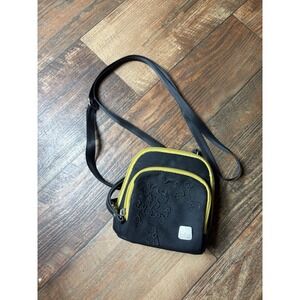 HAIKU Crossbody Shoulder Purse Black Blossom Yellow Embroidered Multi Pockets